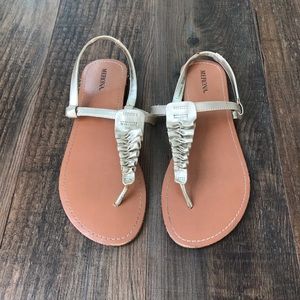 Merona gold t-bar sandals with leather ruffle